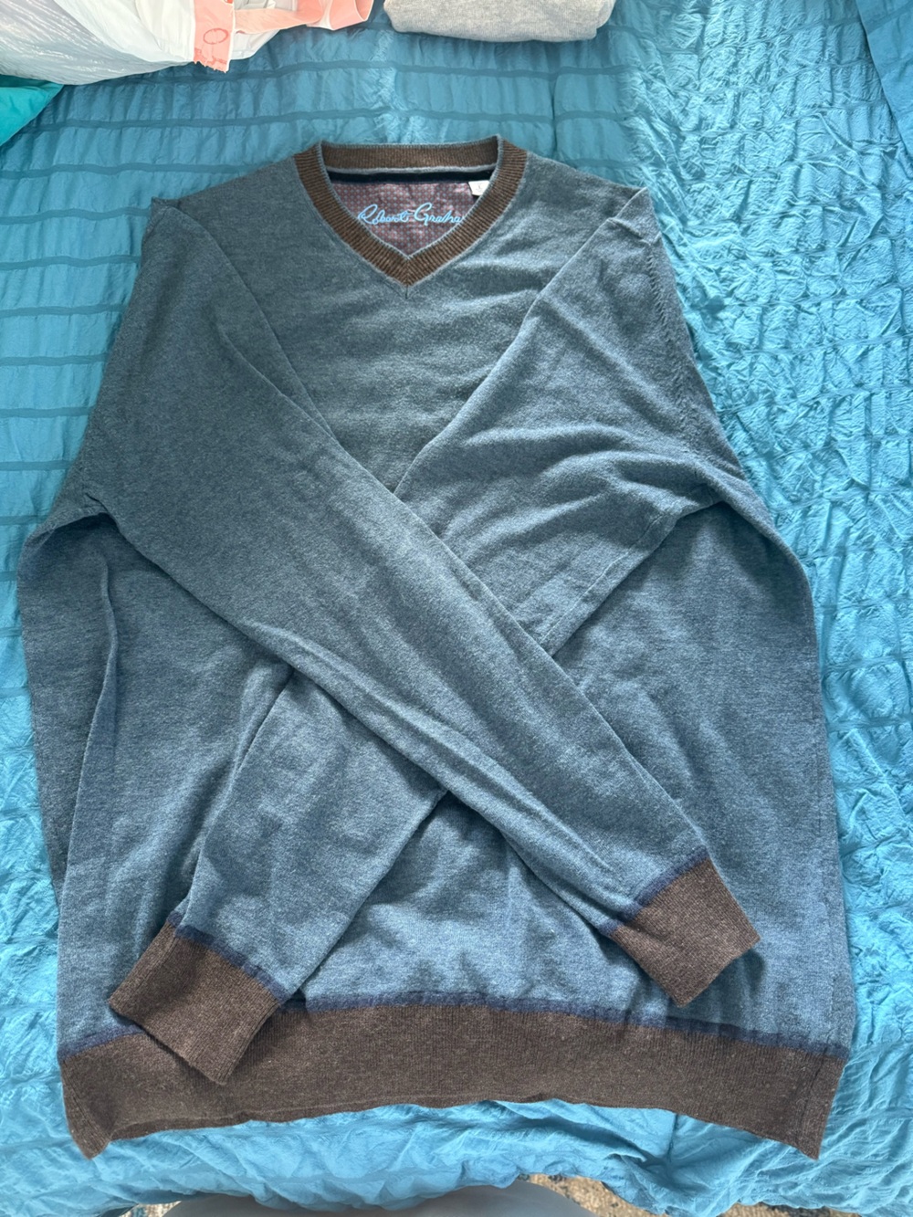 Robert Graham Men's V-Neck Sweater in Slate Blue with Brown Trim